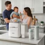 Papablic SafeguardPlus™ Smart Feeding System Plus on kitchen counter with happy family of 3 in modern home kitchen
