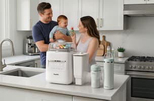 Papablic SafeguardPlus™ Smart Feeding System Plus on kitchen counter with happy family of 3 in modern home kitchen