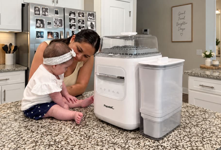 Mother and infant baby with Papablic SafeguardPlus™ Baby Bottle Washer System (P8Plus) on kitchen counter