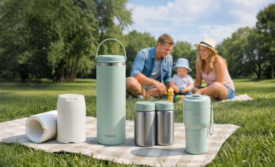 Outdoor park scene: Papablic CapsuleChill™ Breast Milk Cooler and NutriWarm™ Portable Bottle Warmer on picnic blanket, family of three relaxing on grass with baby